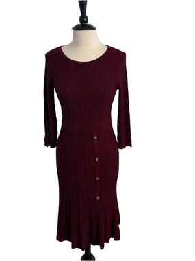Women's 3/4 Sleeve, Open Crew Neck, Pullover Ribbed Sweater Knit Midi Dress Sz L